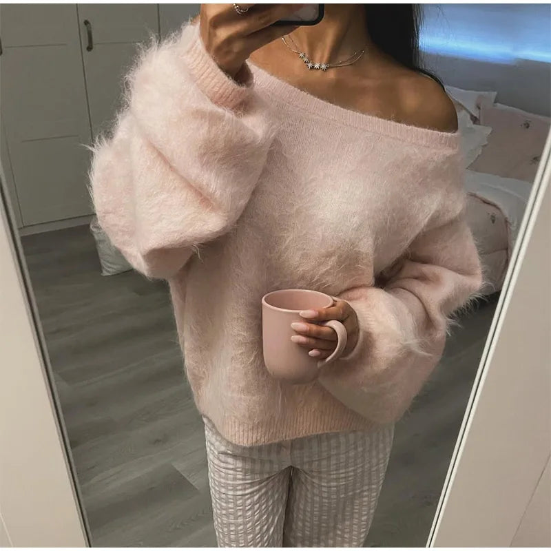 Women Solid Off Shoulder Pullover Fashion Classic Full Sleeve Loose Knitted Mohair Knitwear Lady High Street Autumn Sweaters