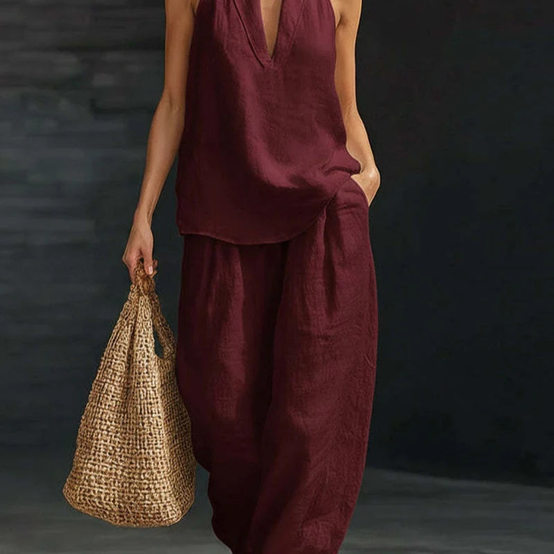Summer Women Sleeveless Shirt Halter Vest High Waist Pocket Loose Pants Suit Women Casual Two Piece Female Loungewear Ses