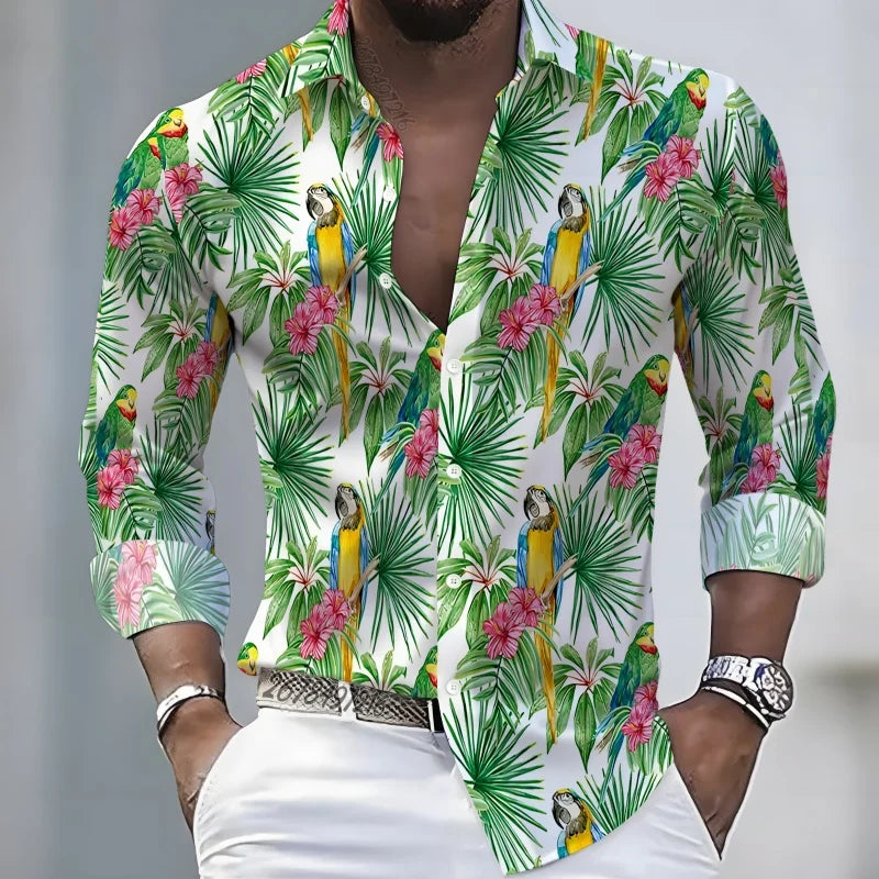 2026 New Hawaiian Style Coconut Tree Print Long-Sleeve Shirt, Stylish Print Men's Casual Vacation Loose Collar Hawaiian Shirt