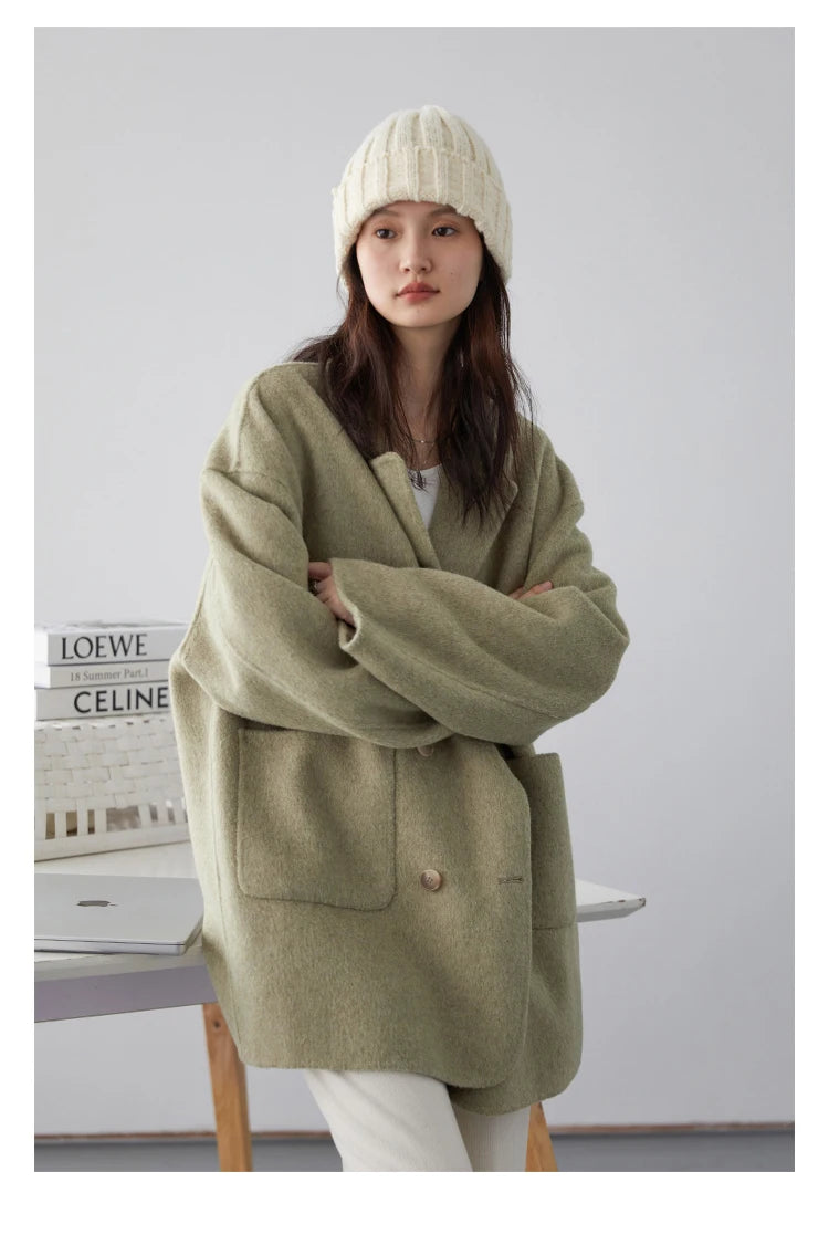 CHIC VEN Women's Woolen Coats Loose Casual Double Breasted Retro Double-sided Jacket Office Lady Outerwear Autumn Winter 2023
