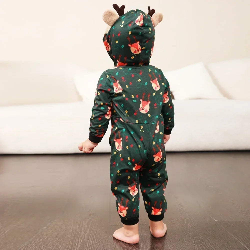 Christmas Gift Mother Father Kids Matching Outfits Cute Deer Ear Hooded Romper Overall Soft Loose One-Piece Pajamas Family Look