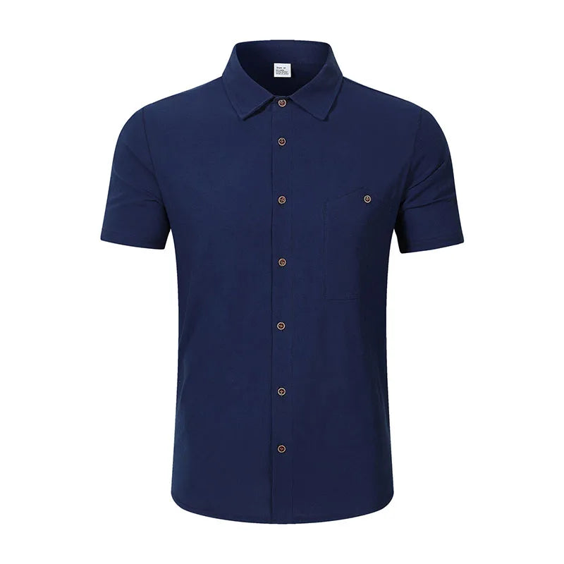 Men's Casual Linen Blend Shirt Short Sleeve Turn Down Collar Button Up Lightweight Breathable Beach Tunic Tops