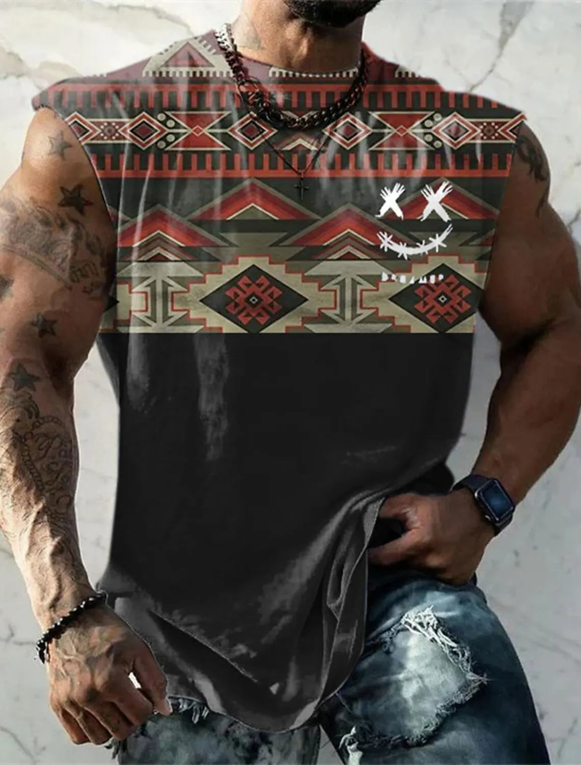 Men's Crew Neck Vest Side Totem 3D Printed Outdoor Street Sleeveless Printed Clothing Sports Casual Plus Men's Sports Vest
