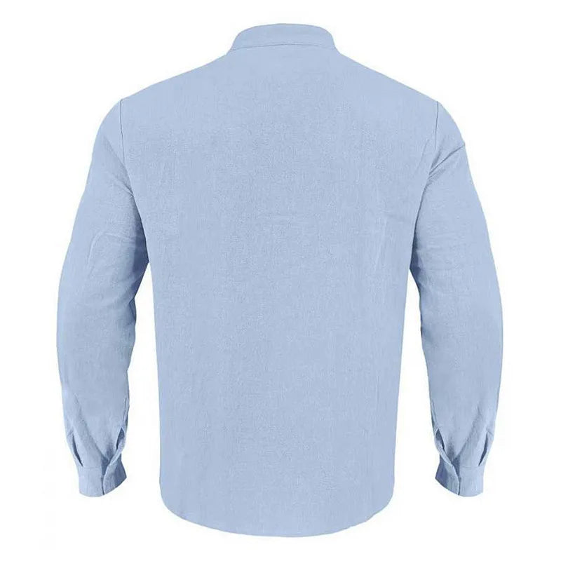 Summer Men's Linen Henry Long Sleeve T-Shirt  European and American Woven Solid Color Casual Polo Shirt