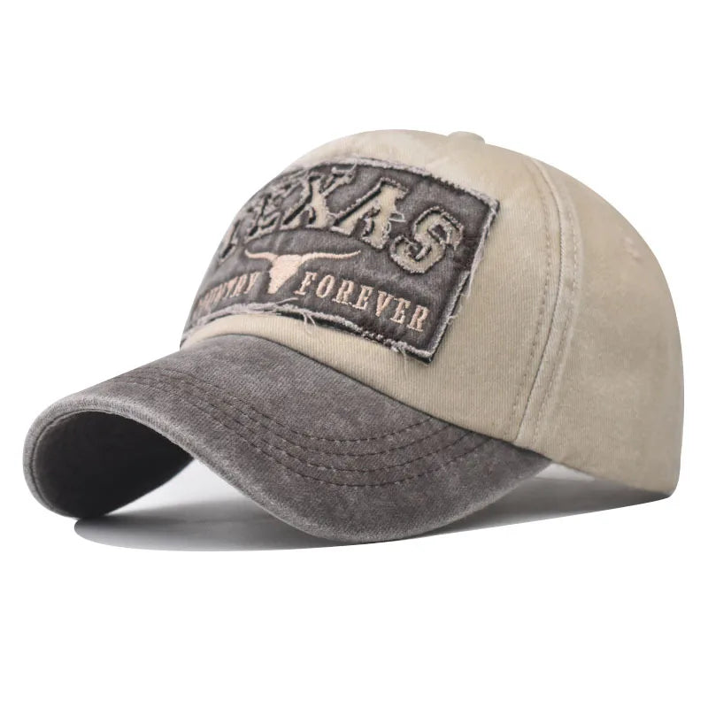 Baseball Cap Sun hat Retro-style Washed denim TEXAS Color matching Shut and run Spring Autumn baseball Hip Hop Fitted Cap