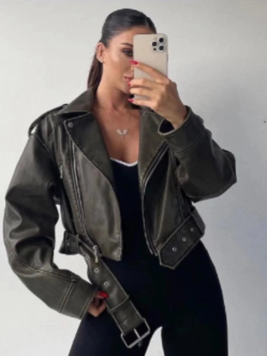 2025New Coal graysty le Women's washed leather jacket with belt, short coat with downgraded zipper and vintage lapel jacket