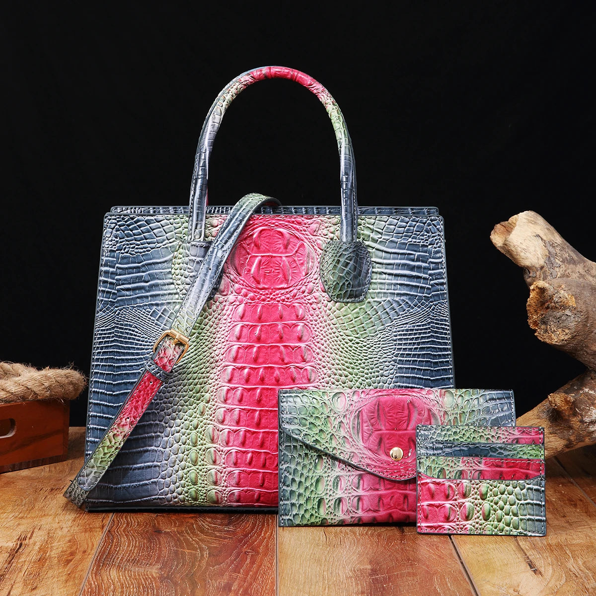 3 Pcs Crocodile Pattern Handbag & Purses Set, Multi-functional Vintage Top Handle Crossbody Bag & Business Clutch Bag & Card Coi