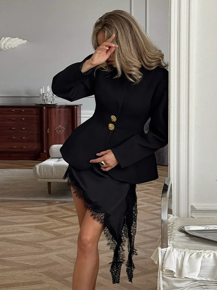 Chic Waist-cinched Blazer Skirt Women Set Elegant Long Sleeve Single Breasted Coat Hip Package Skirts Spring Lady 2 Pieces Sets