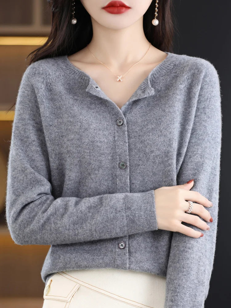 Long Sleeve 100% Merino Wool Sweaters Cashmere Cardigan Spring Autumn Women O-Neck Knitwear Tops Clothing Fashion Basic Tops