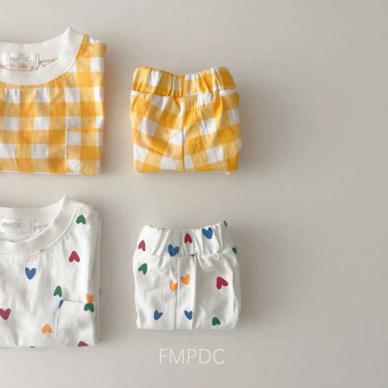 2Pcs Summer Kids Clothes  Baby Girls Boys Clothes Set O-neck Tees Heart Print T-shirt + Plaid Shorts Infant Suits Casual Toddler