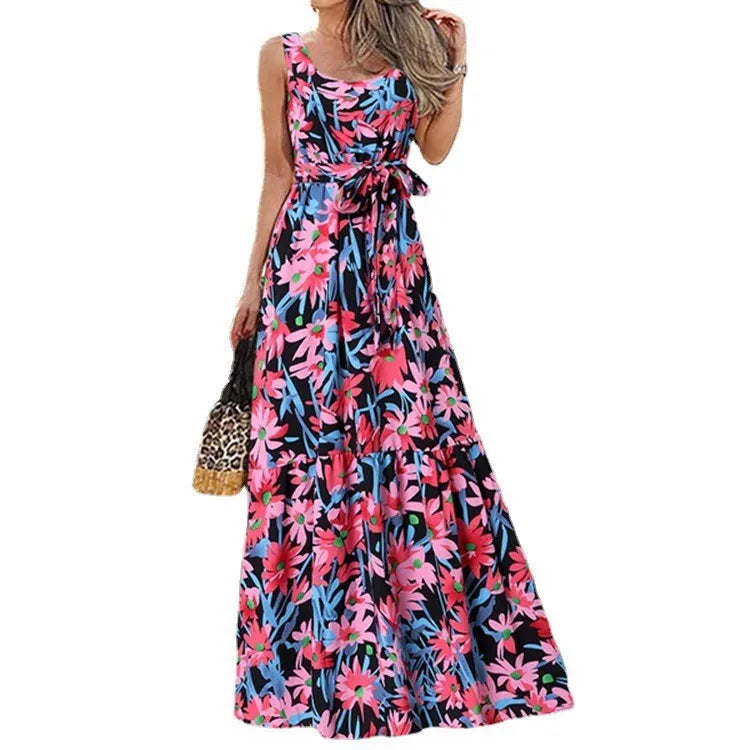 Summer Flower Print Sleeveless Long Dresses Women Elegant Casual Vacation Style Dress O Neck High Waist Leace-up Maxi Vestidos