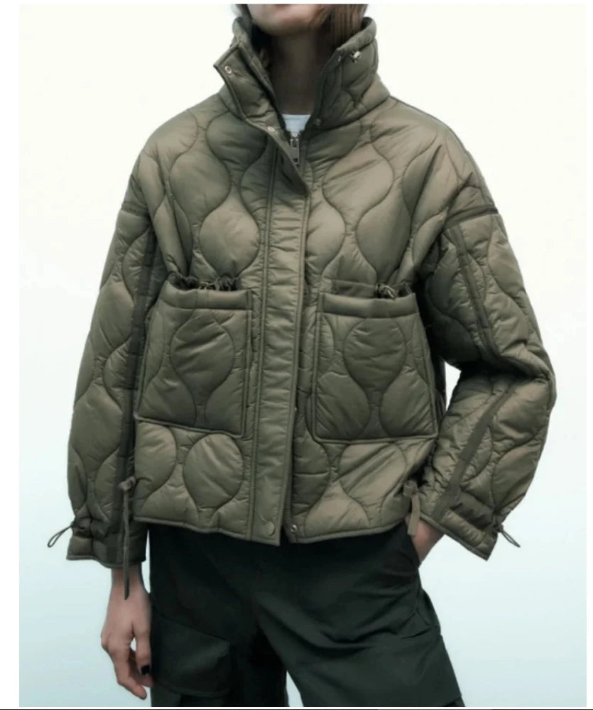 Quilted coat for women ETJ 2025 QUILTED JACKET WITH TIES new beige drawstring high neck pocket clip cotton jacket for women