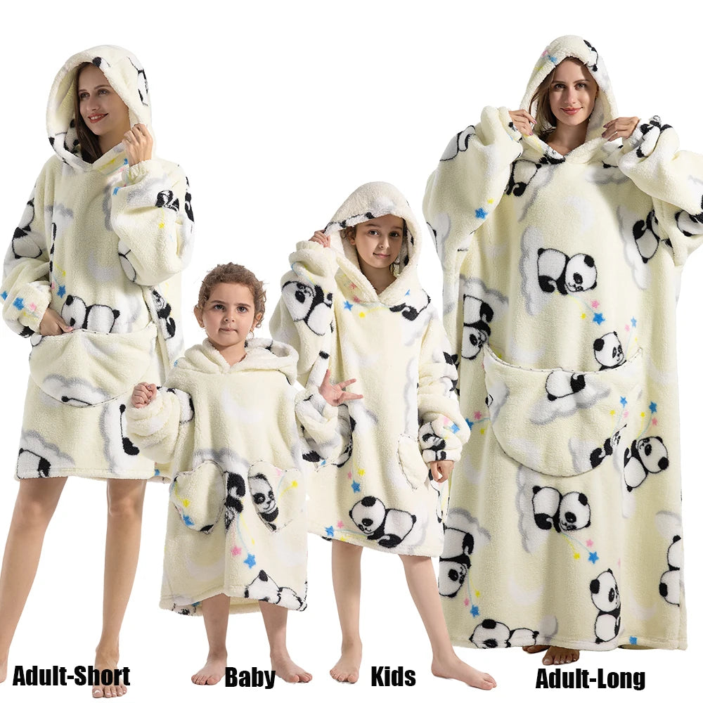 Extra Long Winter Hoodies Sherpa TV Blanket Plush Fleece Family Matching Outfits Sweatshirts Avocado Dinosaur Homewear Oversized
