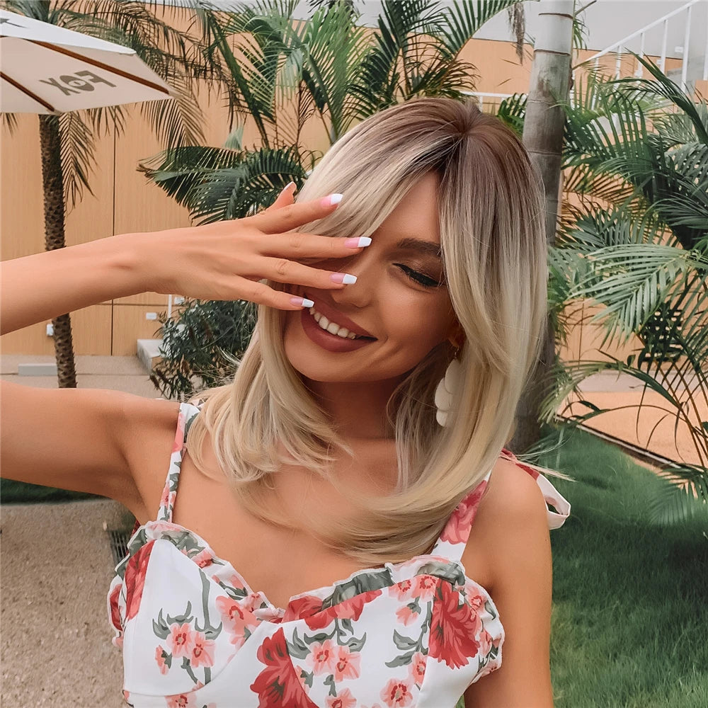 ALAN EATON Layered Synthetic Wigs with Bangs Straight Short Highlights Blonde Hair Wig with for Women Natural Daily Cosplay Wigs