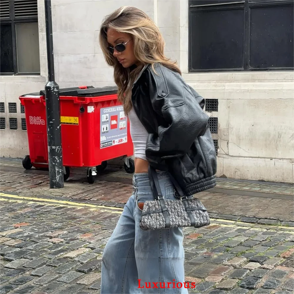 KONDALA Casual Chic Black Leather Jackets Women Long Sleeve Buttons Elastic Oversized Coats Fashion 2025 Fall Streetwear Coats