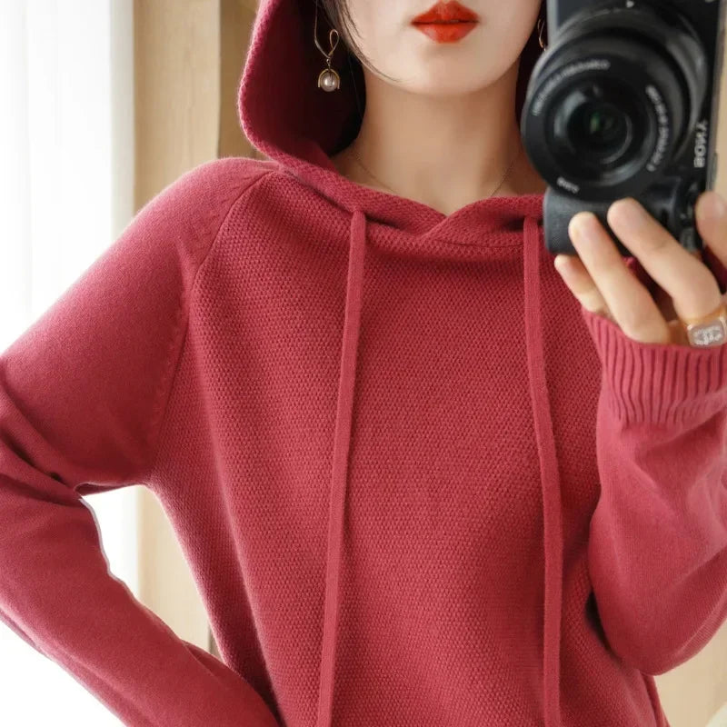Hooded Sweater Woman Autumn Winter Long Sleeve Warm Bottoming Shirt Solid Casual Pullovers Knit Tops Korean Fashion Jumper 2025
