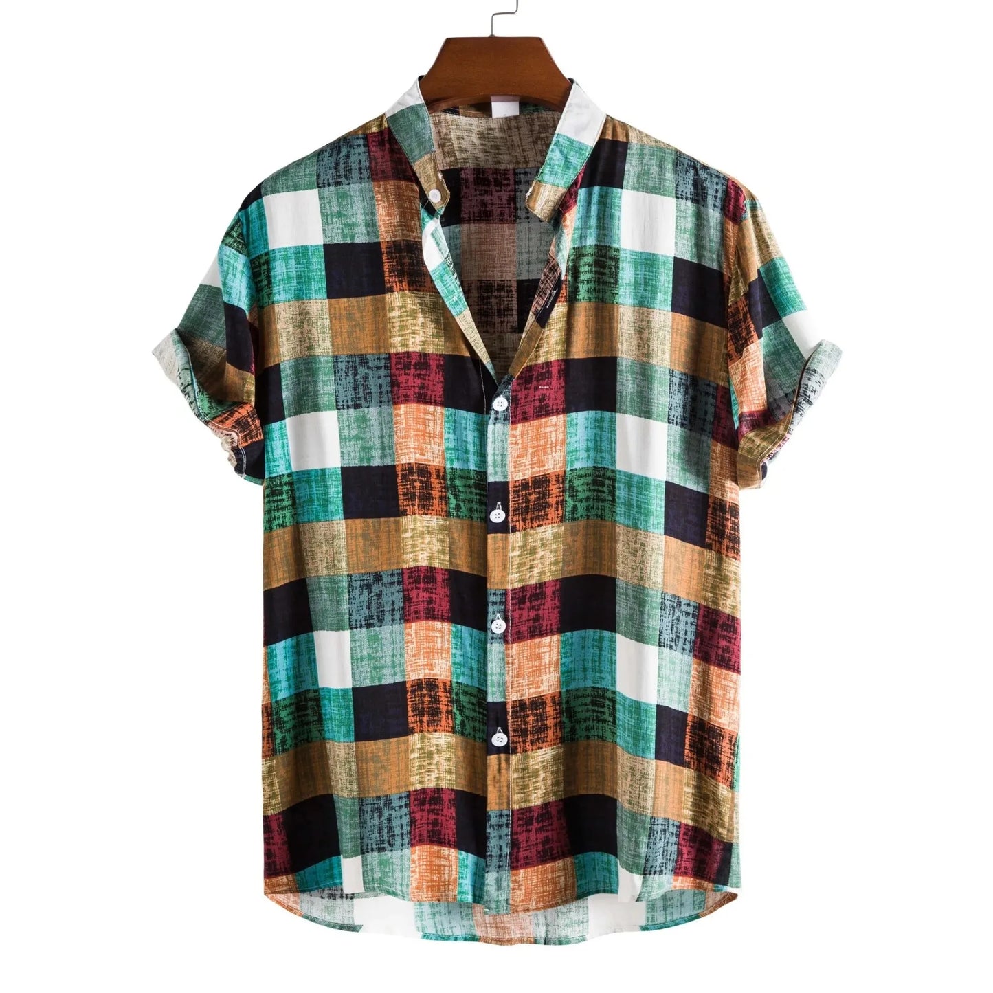 Men's Fashionable Short Sleeve Shirt 2021 New Style Plaid Print Stand Collar Casual Wear Made in China for Global Trade
