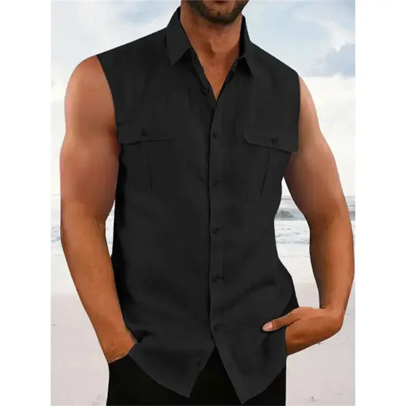 Hawaiian Men's Shirt Coconut Print Flap Collar Sleeveless Top Beach Holiday Style Shirt Fashion Men's Clothing