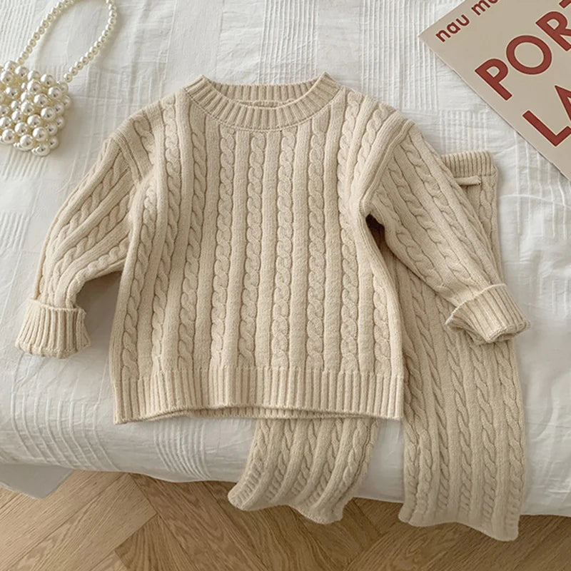 Autumn Spring Korean Style Kids Knitted Clothing Set Long Sleeved Solid Color Knitted Pullover+Pants Baby Girl Clothes Suit