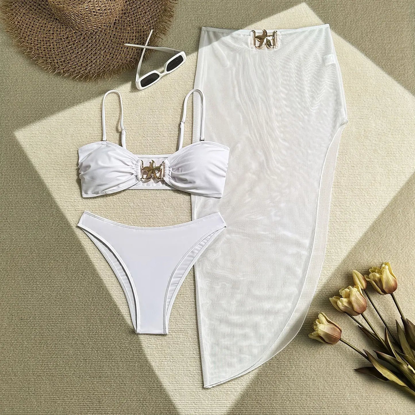 Women's 3 Piece Swimsuit Metal Starfish Bikini Set High Waist Yarn Skirt Cover-ups Suspender Backless Swimwear 2025 Summer New