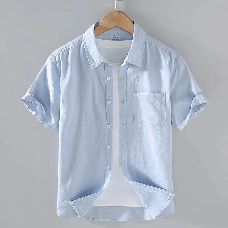Men's Cotton Linen Short-Sleeved Shirt Summer Streetwear Plain Color Stand Collar Casual Beach Style plus Size M-3XL