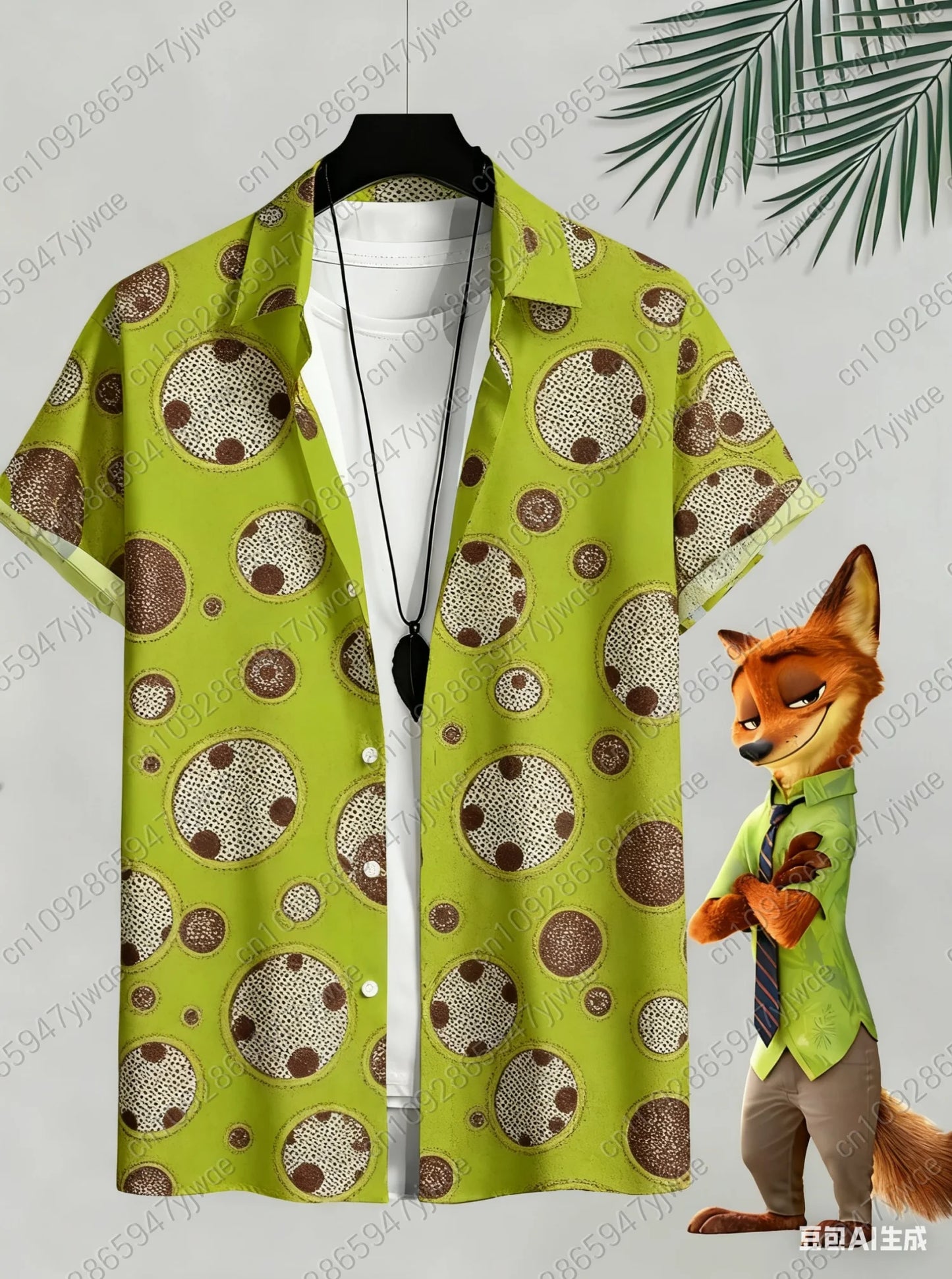Mens Zootop Same Shirt Green Print Short Sleeve Lapel Shirt Tops Men's Casual Button-Down Shirts For Summer Daily Wear Shirts