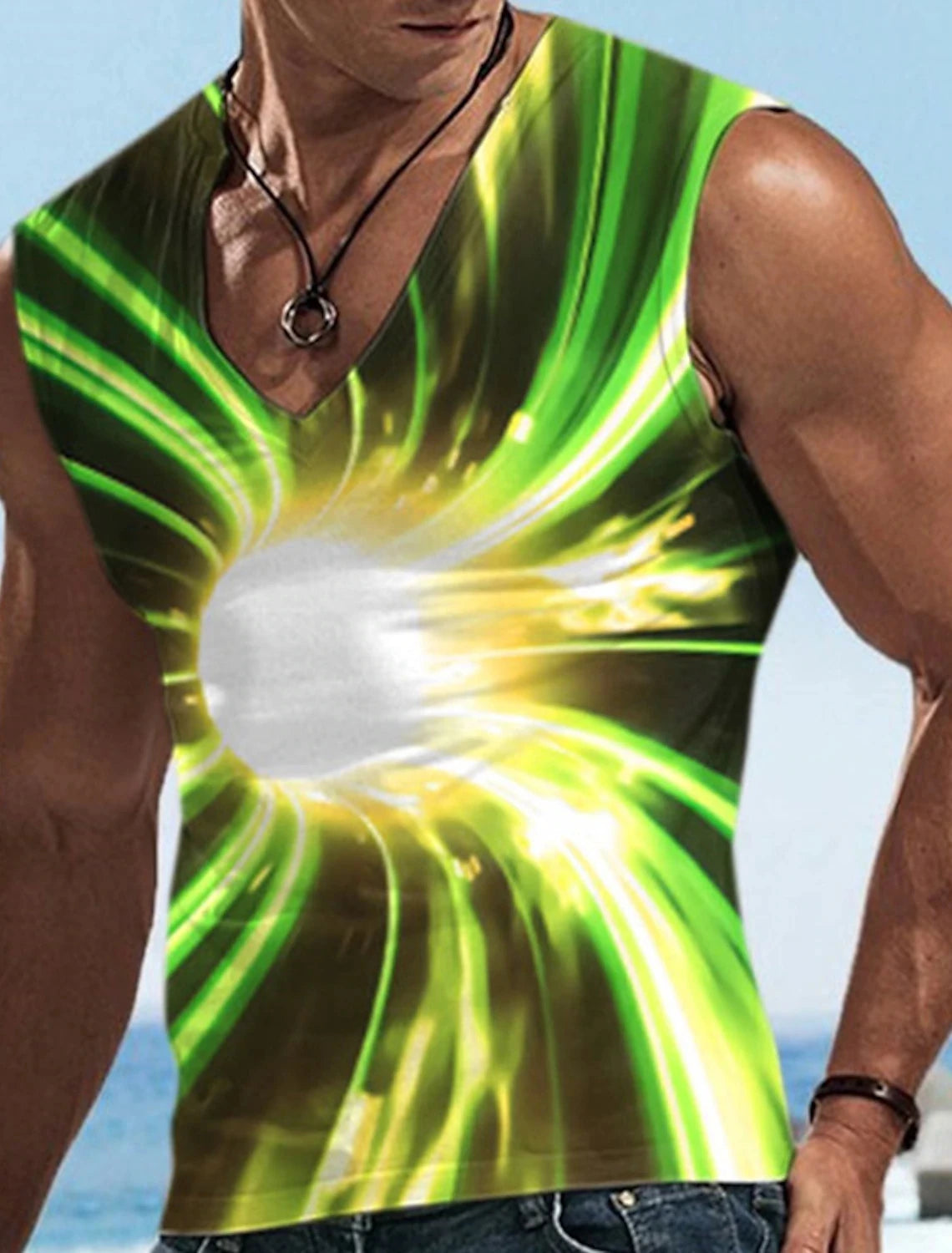 Men\'s Vest Sleeveless T Shirt Patterned Spliced Flame Shirt Casual Muscle V Neck Clothing 3D Printed Sports Running Fitness