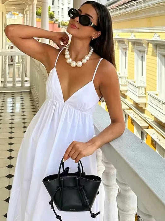 Women's Backless Midi Dress Waistband V Neck Solid Pullover High Waisted Loose Fitting Camisole A-line Skirt New Chic Dress