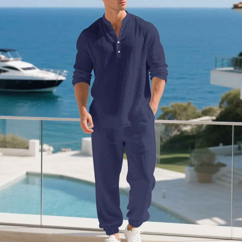 American loose linen set for men autumn Hawaiian home commuter thin Henry shirt long sleeve pants set