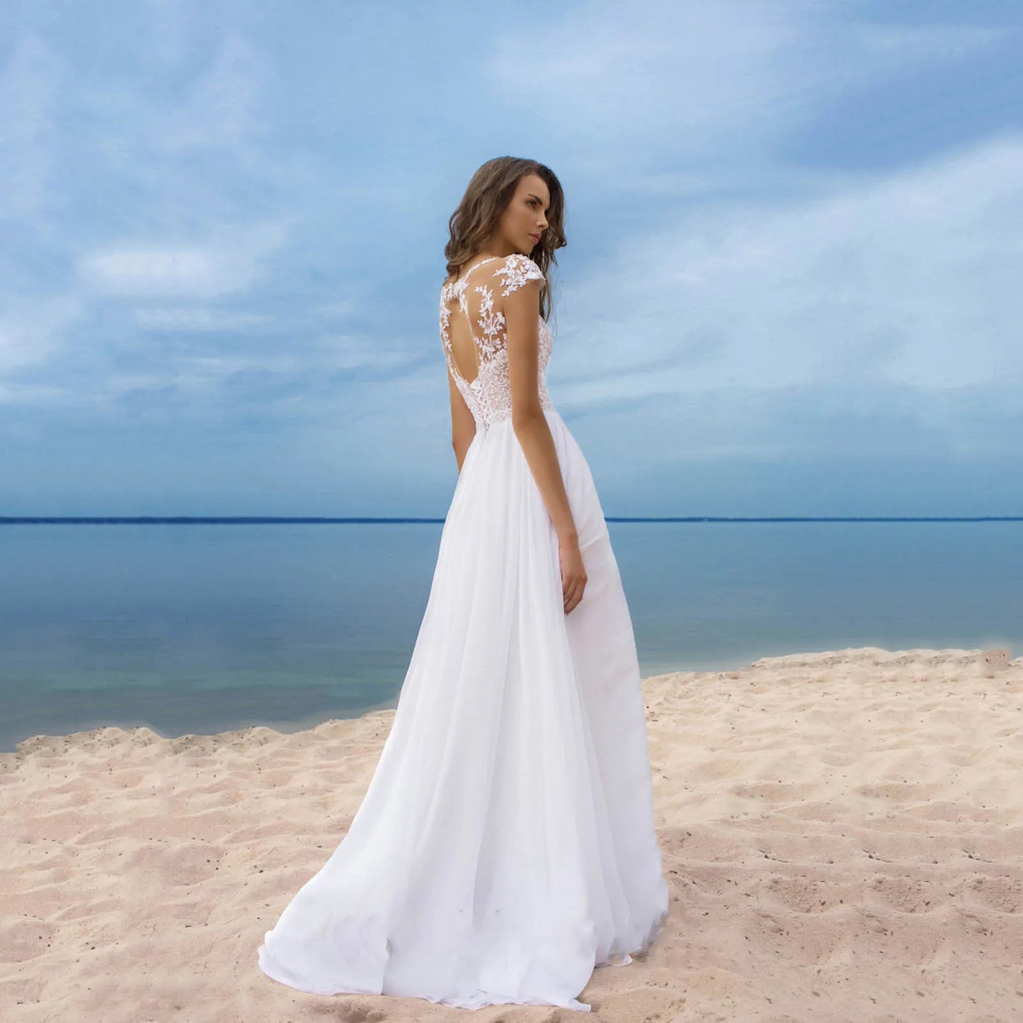 Women's Floral Lace White Dresses A Line Sexy V-Neck Sheer Mesh Large Swing Dress High Waist Bridesmaid Evening Dress For Women