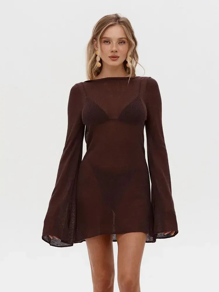 Summer Seaside Women's Solid Knit Mini Dress 2025 Sexy Backless Bell Sleeve See Through Short Dress Beach Swimsuit Cover Up K98