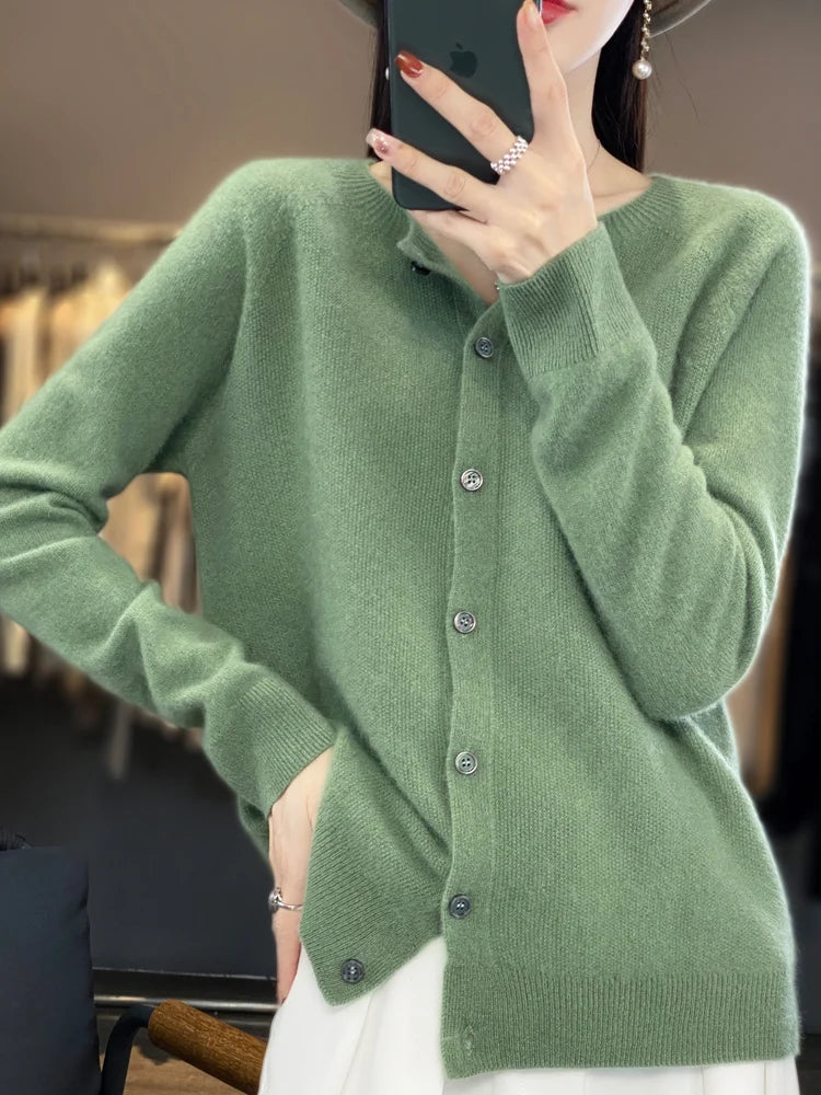 Long Sleeve 100% Merino Wool Sweaters Cashmere Cardigan Spring Autumn Women O-Neck Knitwear Tops Clothing Fashion Basic Tops