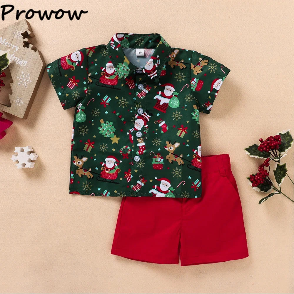 Boys Christmas Outfits For Kids Baby Festival Clothing Short/Long Sleeve Gentleman Shirts+Red Pants New Year Children's Costume