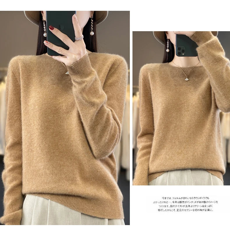 100% Merino Wool Sweater Women O-neck Cashmere Knitwear Female Pullover Autumn Winter Casual Tops Solid Color Soft  Clothing