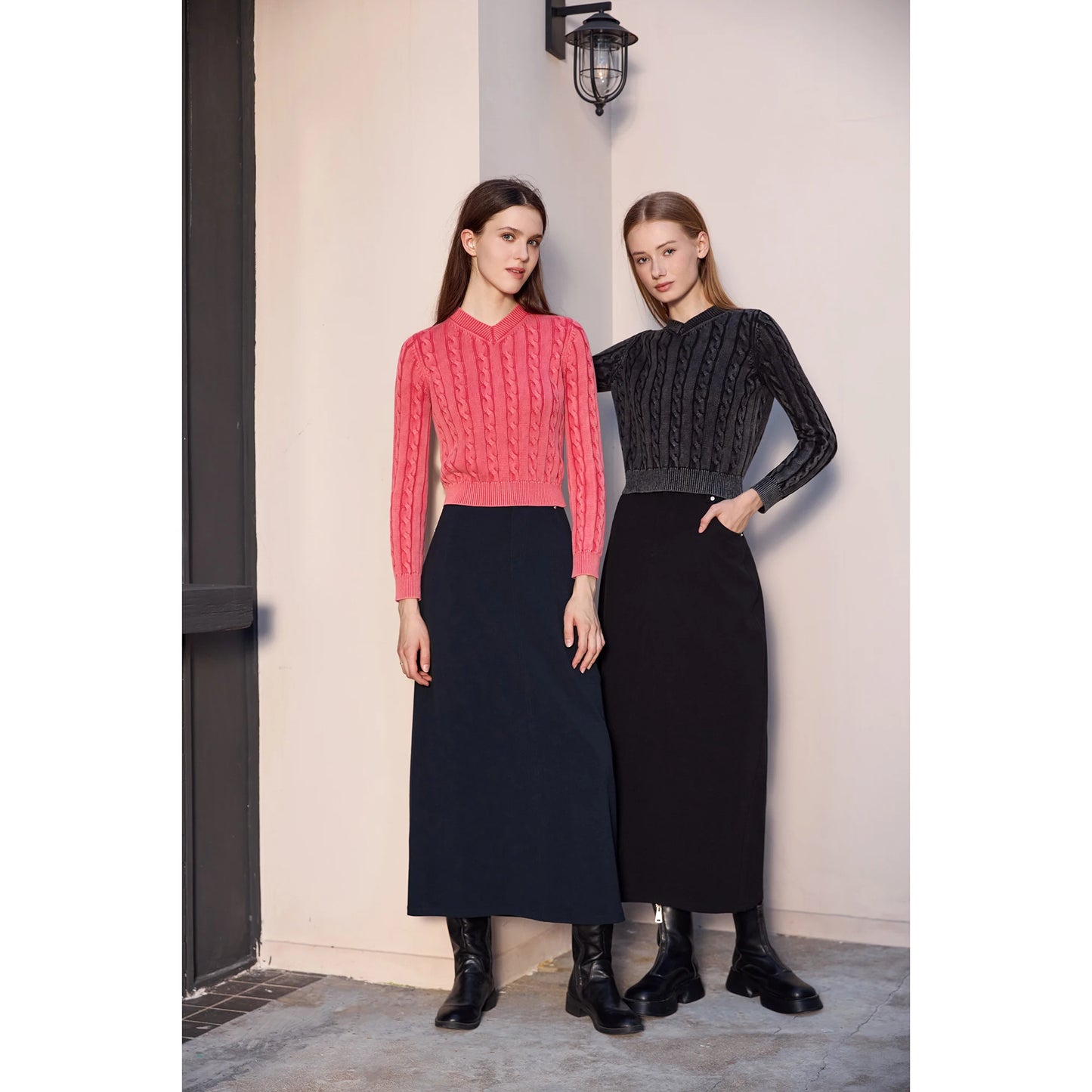 AP 2026 Women Washed Sweater Autumn and Winter Cable Sweater Stretch Skirt and Fashion Leather Skirt