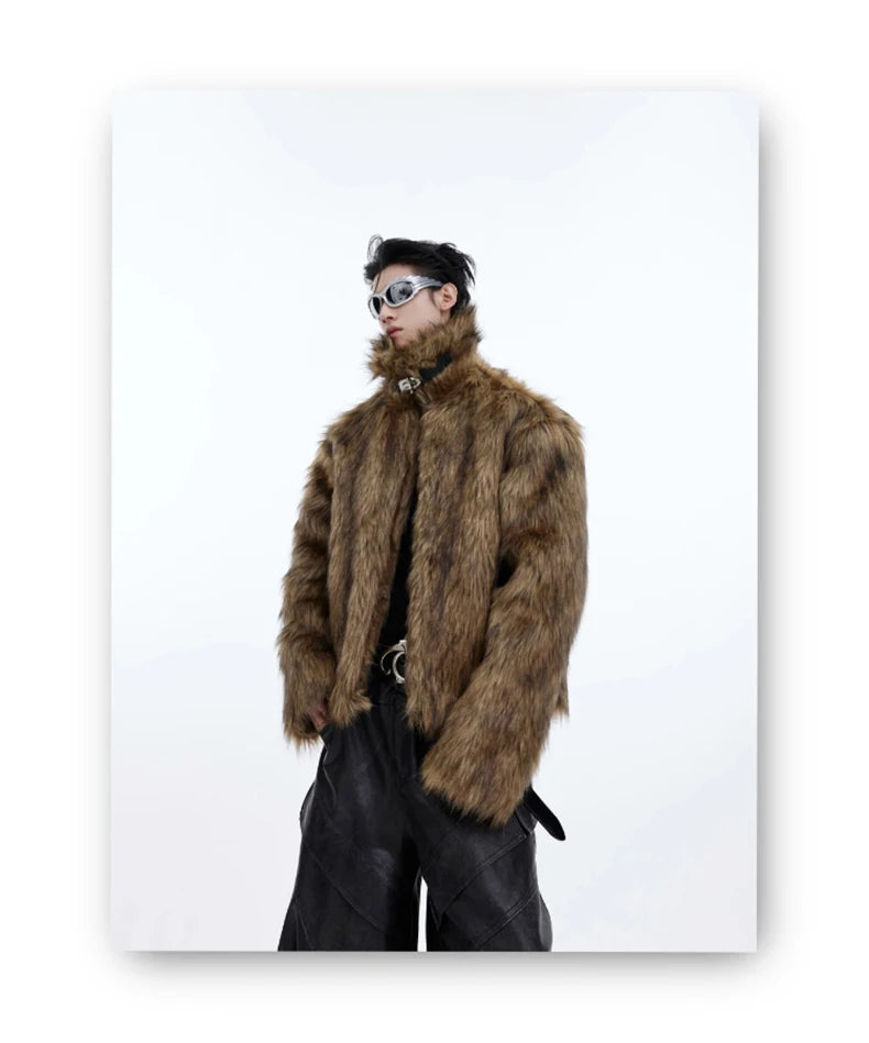 Mauroicardi Winter Short Thick Warm Brown Hairy Soft Faux Fur Coat Men with Turn-down Collar Long Sleeve Fluffy Jackets 2024