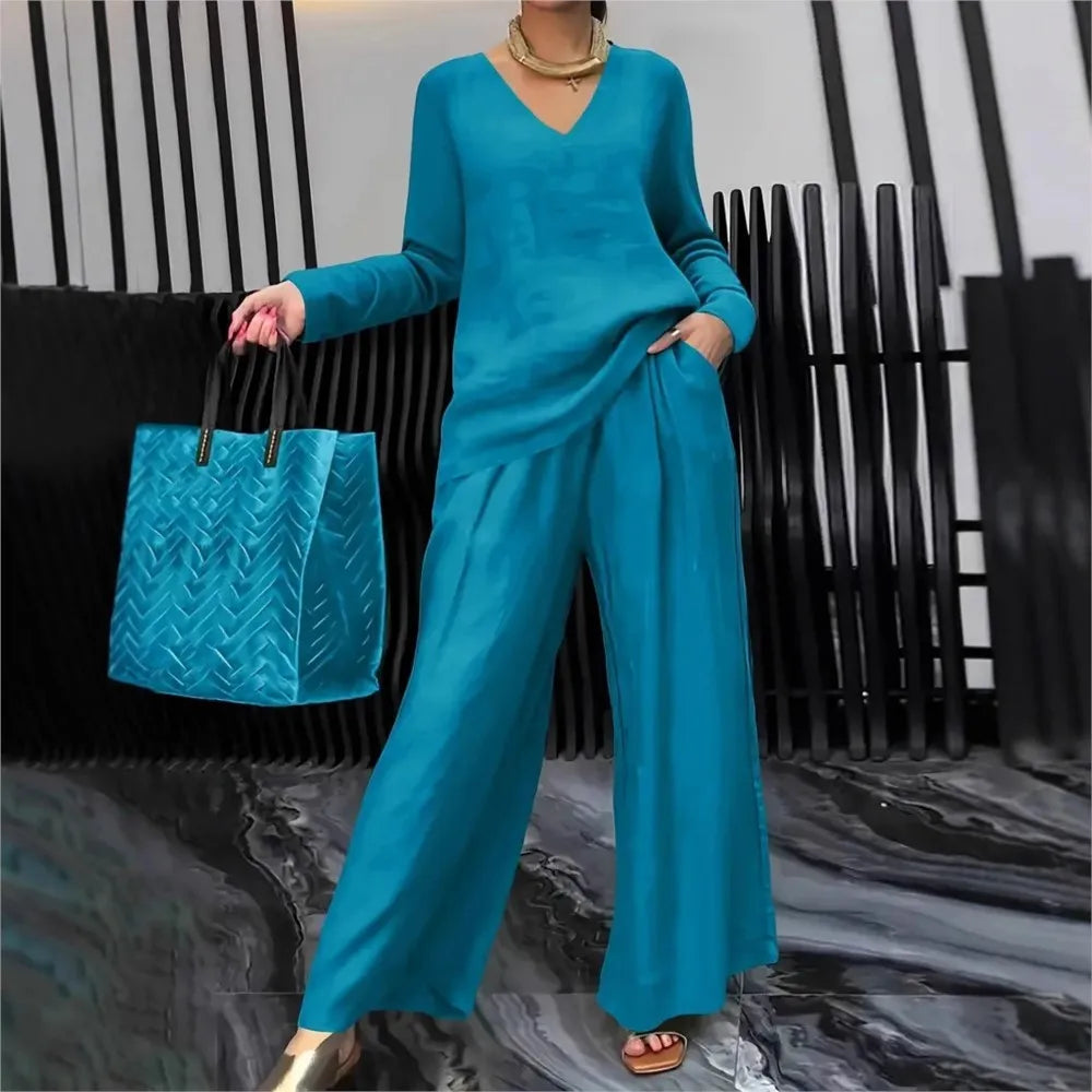 Solid Color Casual V-neck Trousers Women's 2piece Set Spring Autumn New Fashion Pocket Straight Trousers Female Office Suit 2025