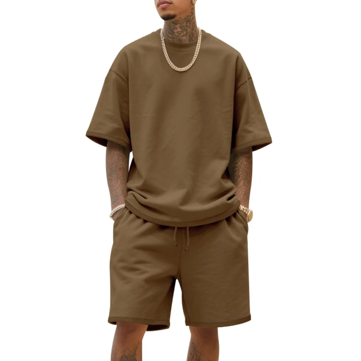 2025 100%  Cotton Men's Summer American-Style Loose High Street Hip-Hop Sport Short-Sleeved Set with Shorts
