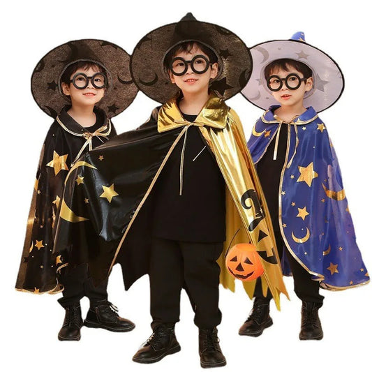 Boys Girls Wizard Cape with Hat Halloween Witch Party Costumes for Kids Children Cosplay Cloak Fancy Dress