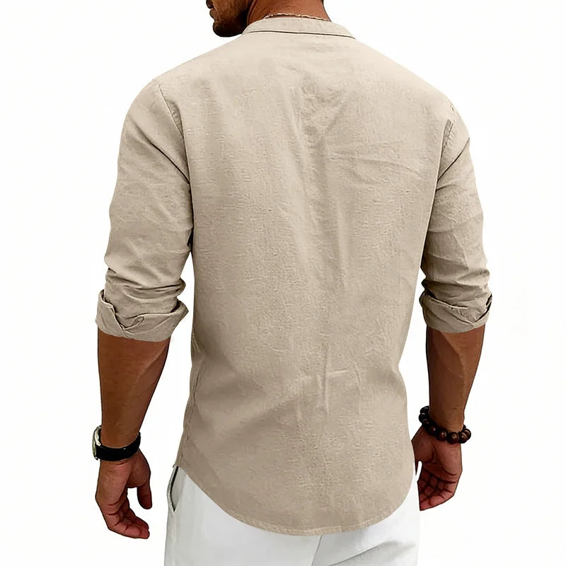 Summer Men's Linen Henry Long Sleeve T-Shirt  European and American Woven Solid Color Casual Polo Shirt