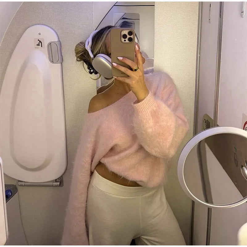 Women Solid Off Shoulder Pullover Fashion Classic Full Sleeve Loose Knitted Mohair Knitwear Lady High Street Autumn Sweaters