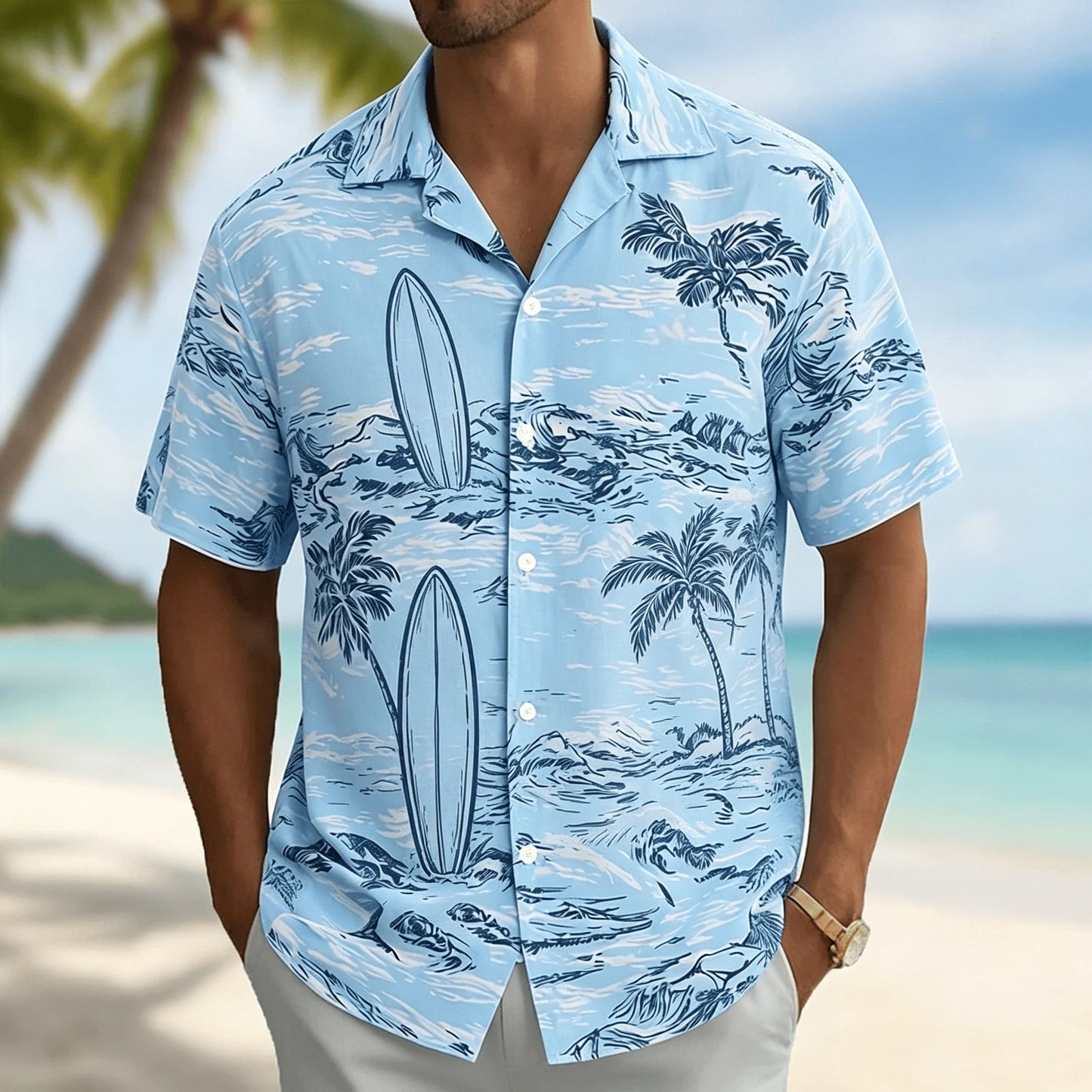 Men's Light Blue Tropical Palm Tree Print Short Sleeve Shirt, Casual Hawaiian Button Down with Ocean Design for Spring & Summer