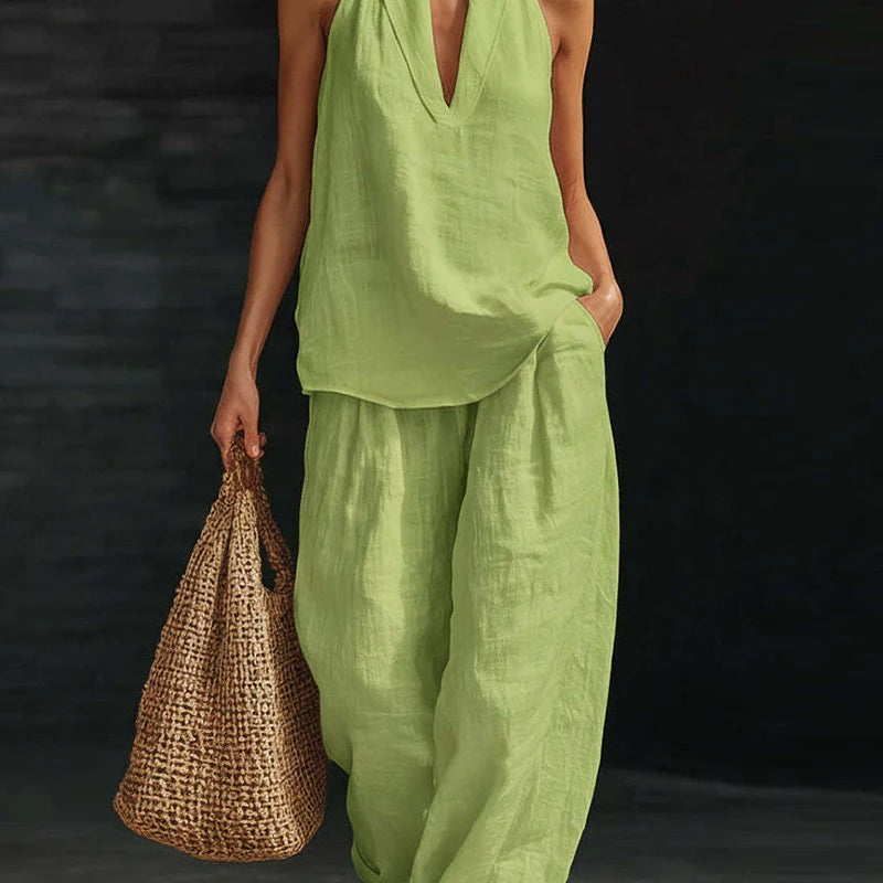 Summer Women Sleeveless Shirt Halter Vest High Waist Pocket Loose Pants Suit Women Casual Two Piece Female Loungewear Ses