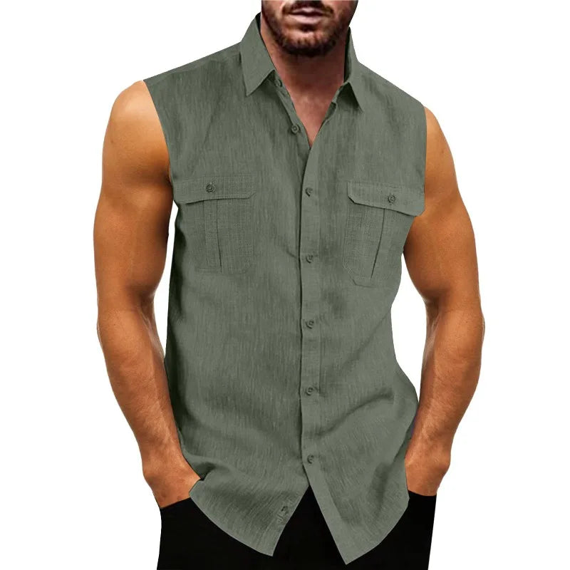 New Men's Shirts Vest Summer Cotton Linen Tops Solid Color Cardigan Sleeveless Loose Lapel Handsome Men's Shirts Casual Blouse