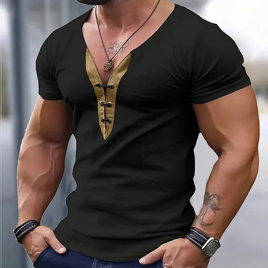 Classic Top Mens Vintage V Neck Drawstring Patchwork T Shirt Casual Short Sleeve Slim Fit Men T-Shirts Summer Leisure Pullovers