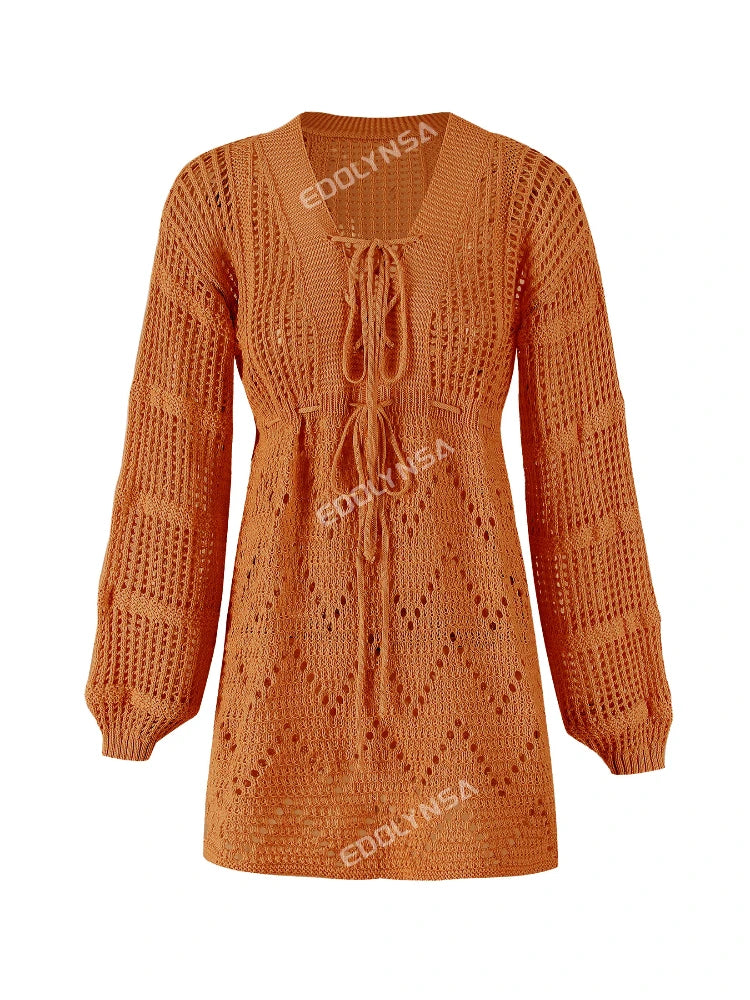 Sexy Deep V-neck Lace-up Bell Sleeve Knit Mesh Hollow Out Beach Mini Dress 2025 Summer Swimsuit Cover Up Women Casual Tunic K14
