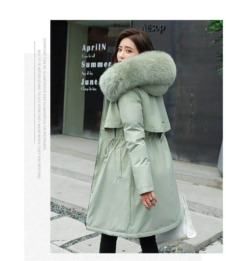Winter Parka 2024 New Women Jacket Clothes Long Coat Wool Liner Hooded Jacket Fur Collar Thick Warm Snow Wear Fashion Parka