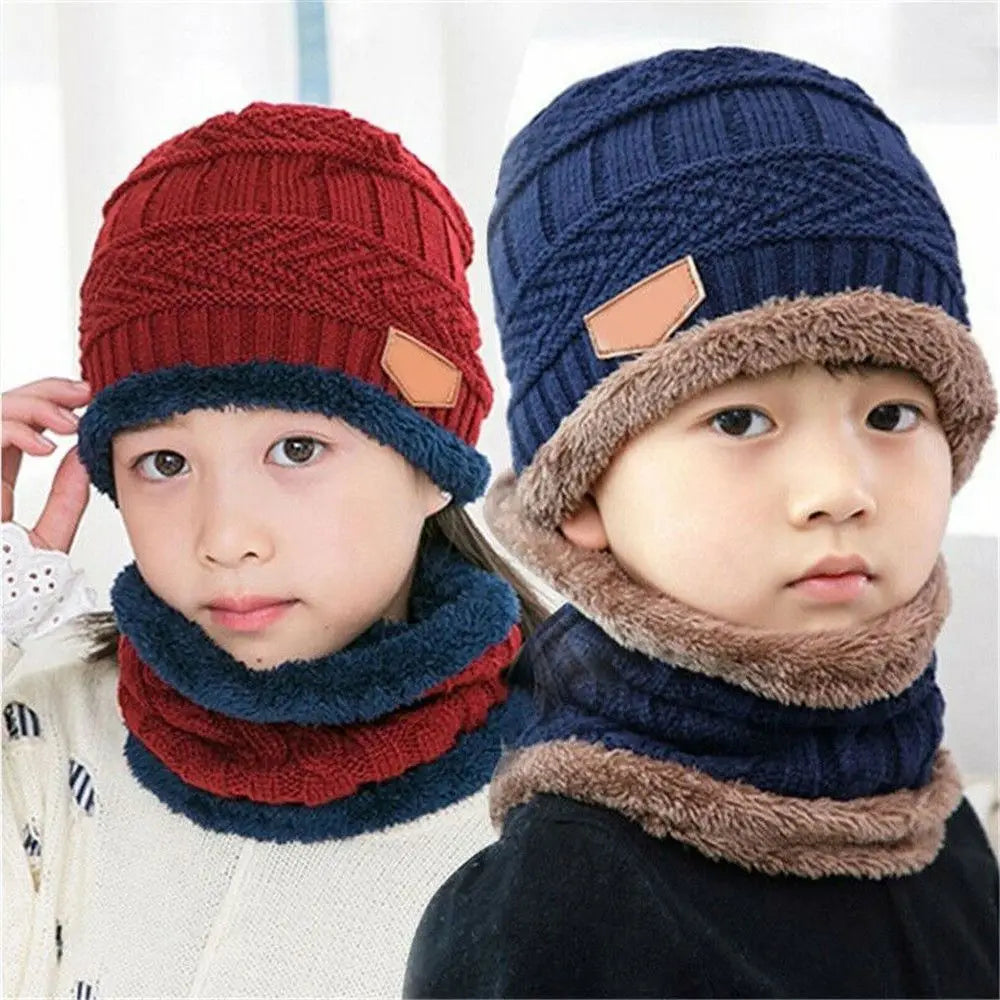 Kids Winter Neck Scarf Cap Set Fashion Beanie Warm Hat Scarf Set Neck Cover Fleece Knitted Thick Ski Cap Warm Balaclava Hat