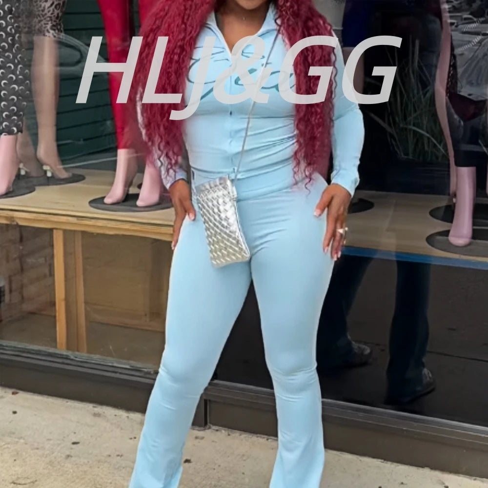 HLJ Fashion Ins Letter Print Hooded Two Piece Sets Women Zipper Long Sleeve Crop Top And Skinny Pants Outfit Y2K 2pcs Streetwear