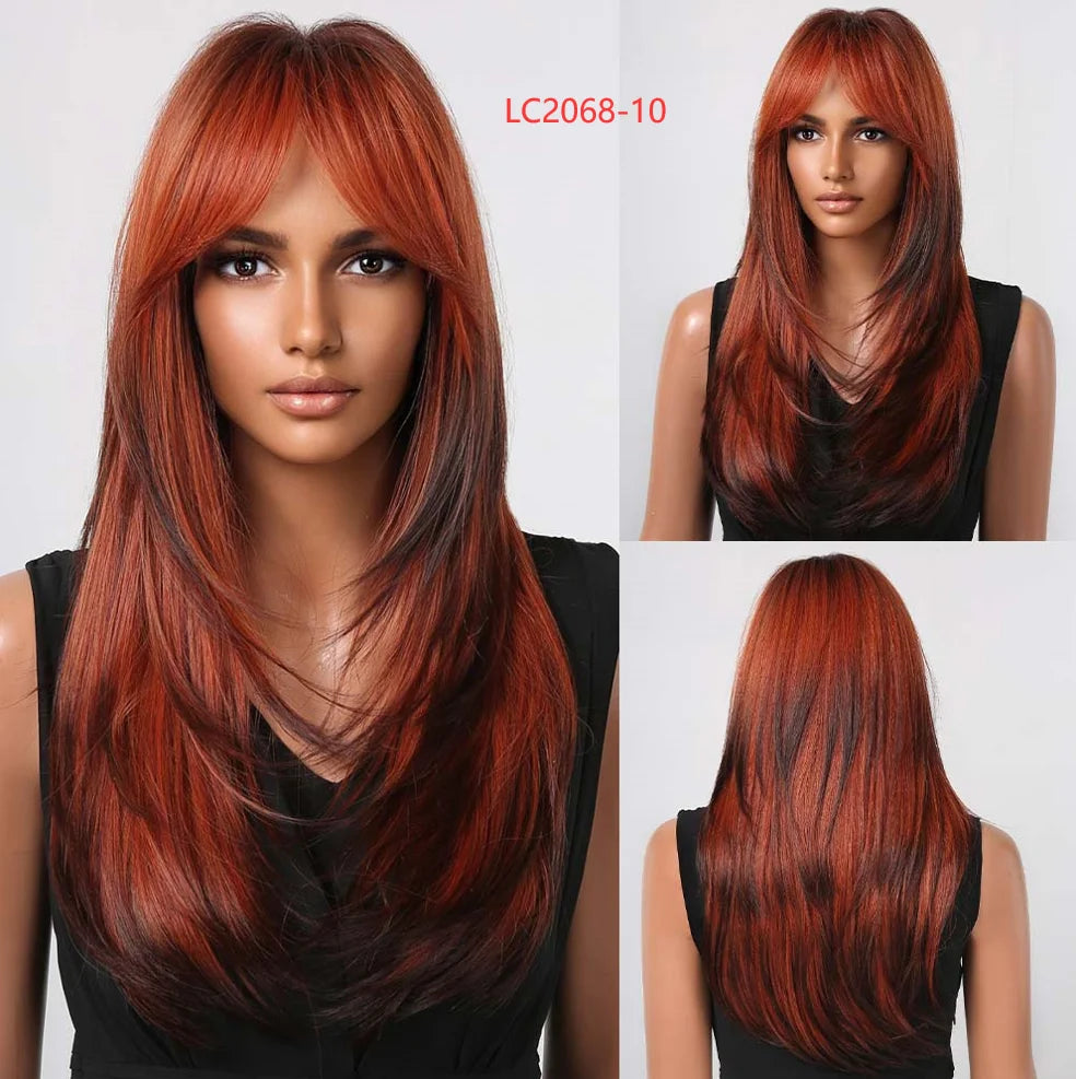 LOUIS FERRE Black Pink Ombre Synthetic Wigs for Cosplay Long Straight Layered Wigs with Bangs for Women Heat Resistant Fake Hair